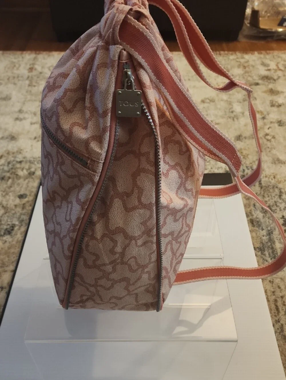 Tous Kaos New Colores Pink Patterned Backpack with Bear Charm. EUC. 33×38×6